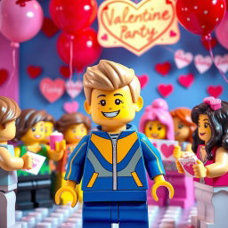 A vibrant and delightful scene set at a Valentine's Day party featuring a young LEGO boy with dark blonde hair styled in an undercut