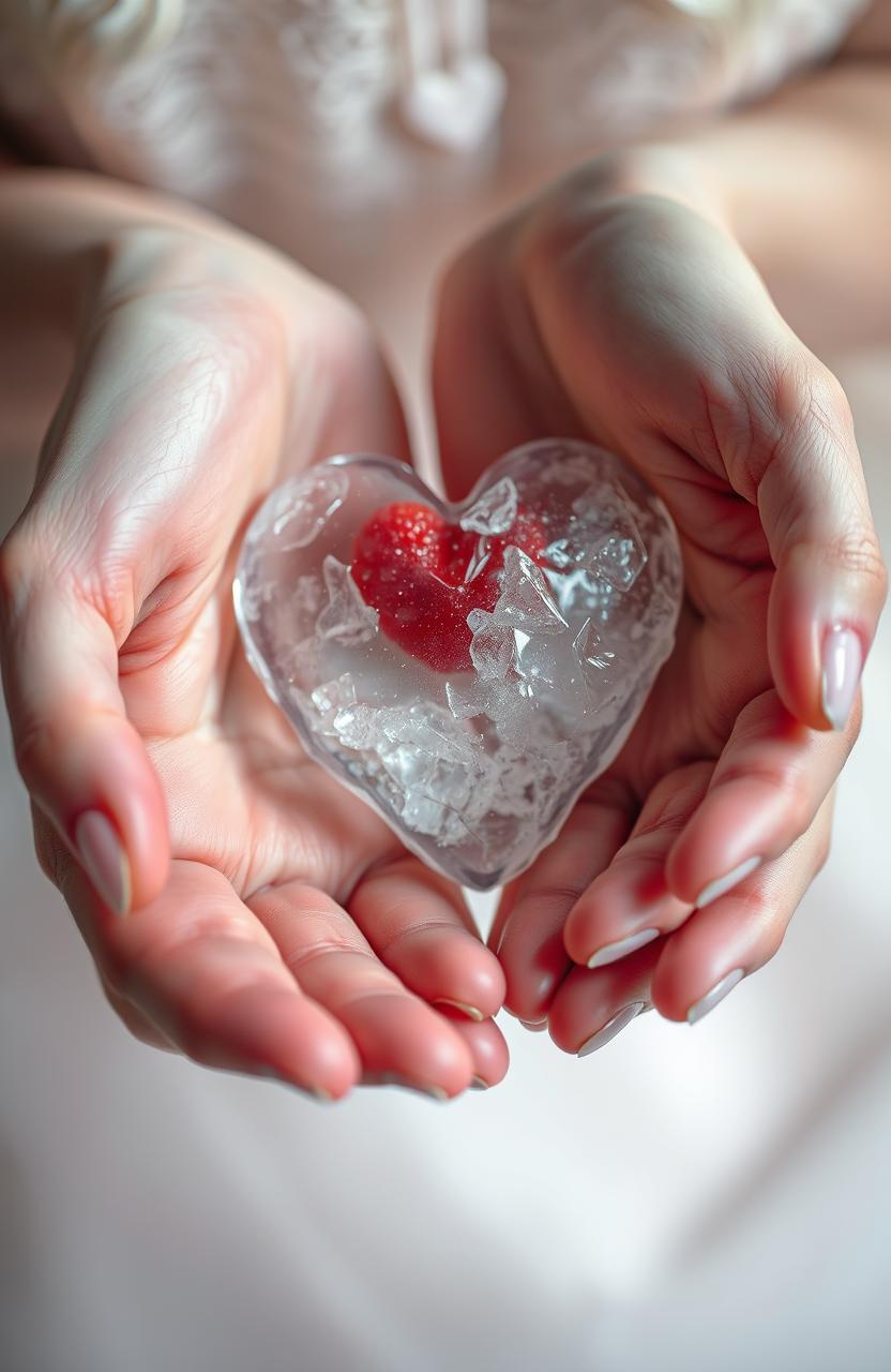 Two pale feminine hands delicately holding a frozen heart, with intricate details on the ice texture glimmering in the light