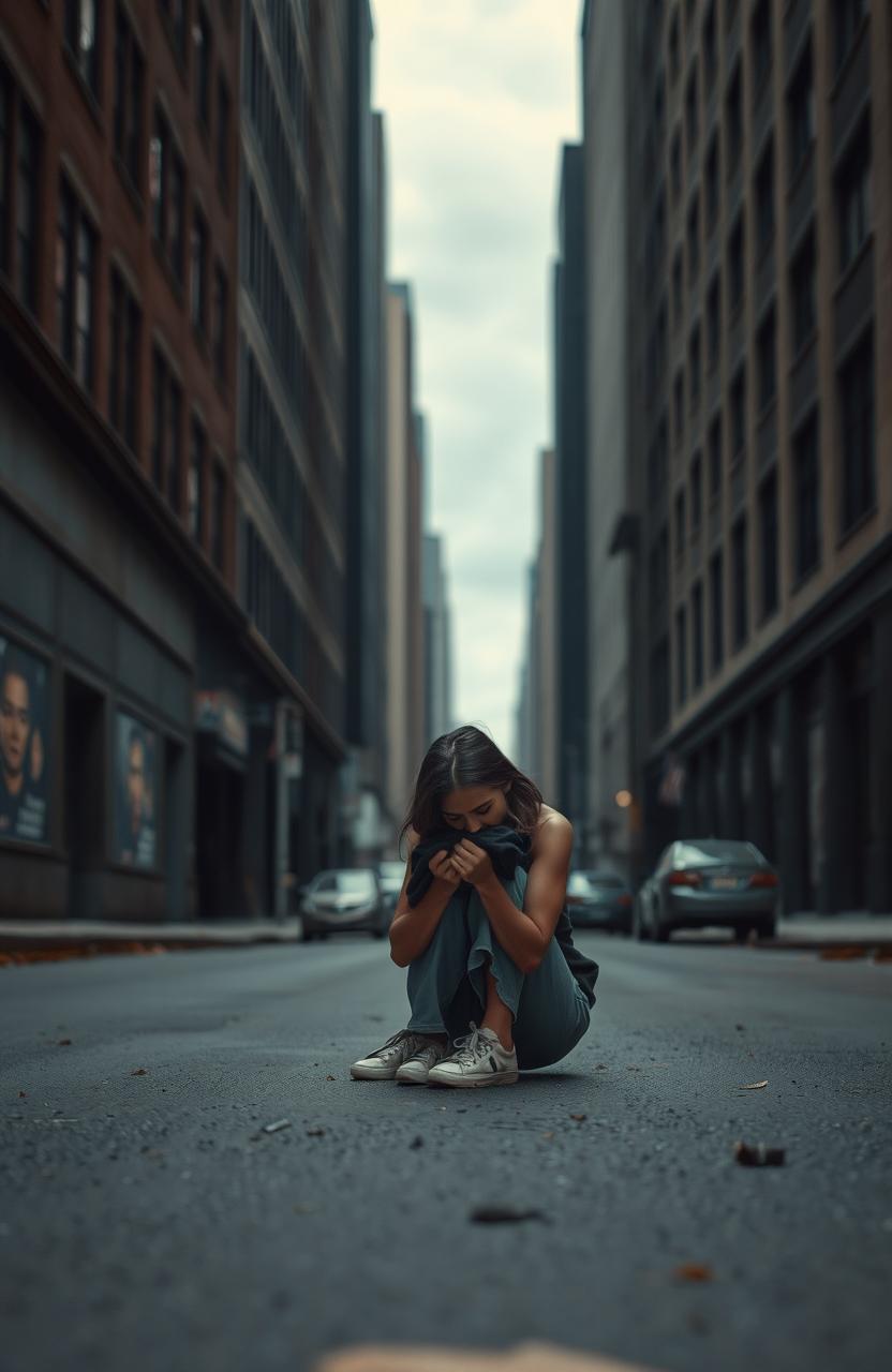 A desolate urban street scene with tall buildings lining the sides, their windows reflecting the dim light of the day
