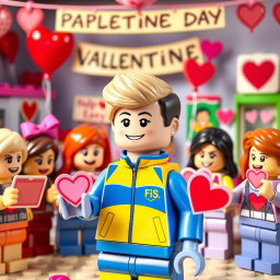 A cheerful scene featuring a young LEGO boy with dark blonde hair styled in an undercut, dressed in a bright blue and yellow tracksuit