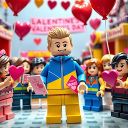 A cheerful scene featuring a young LEGO boy with dark blonde hair styled in an undercut, dressed in a bright blue and yellow tracksuit