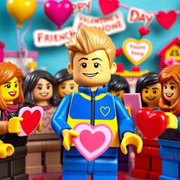 A cheerful scene featuring a young LEGO boy with dark blonde hair styled in an undercut, dressed in a bright blue and yellow tracksuit