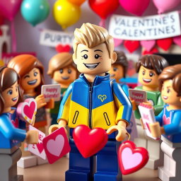 A cheerful scene featuring a young LEGO boy with dark blonde hair styled in an undercut, dressed in a bright blue and yellow tracksuit