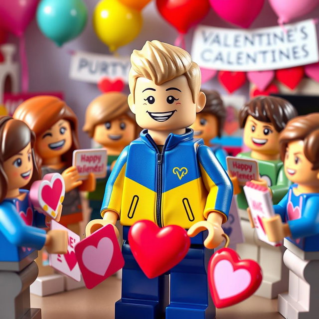A cheerful scene featuring a young LEGO boy with dark blonde hair styled in an undercut, dressed in a bright blue and yellow tracksuit