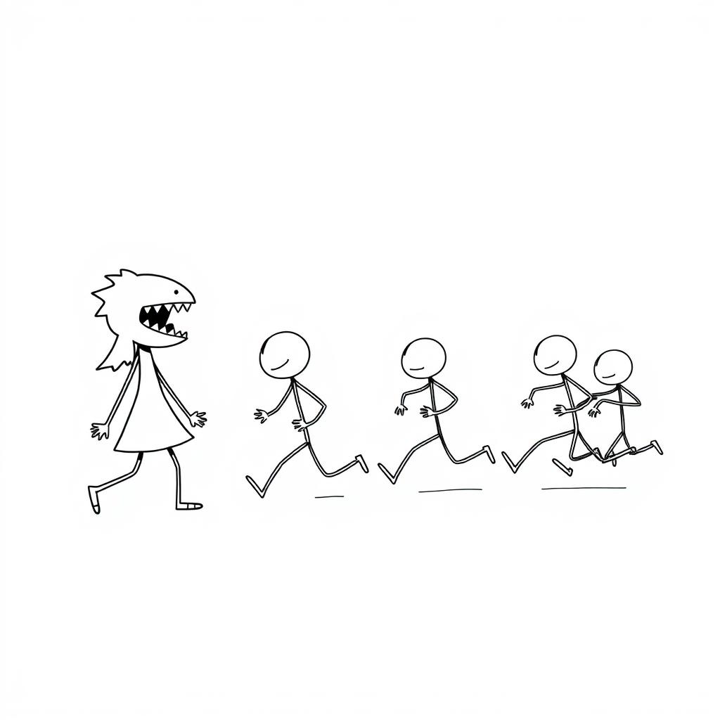 A minimalist black and white cartoon featuring five stickmen characters