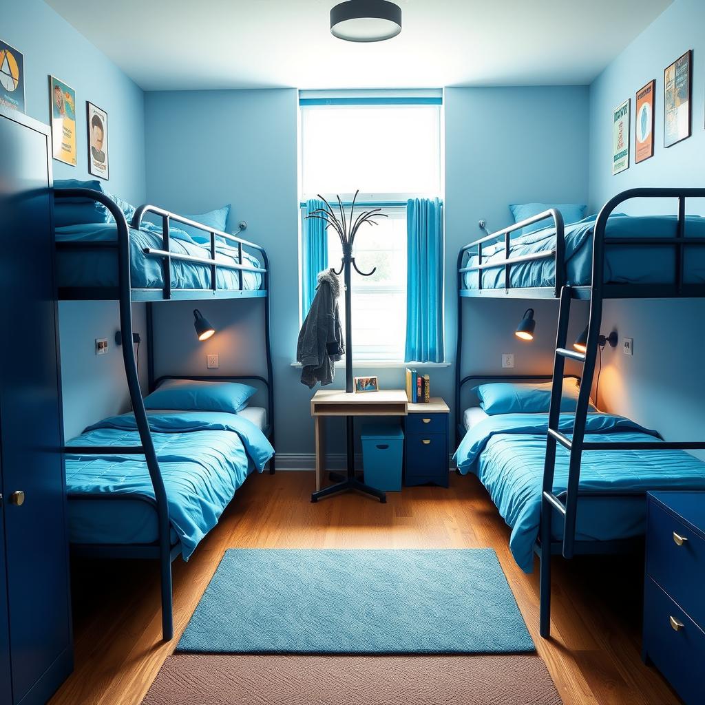 A university dorm room designed for four people, featuring two sets of bunk beds, dominated by various shades of blue