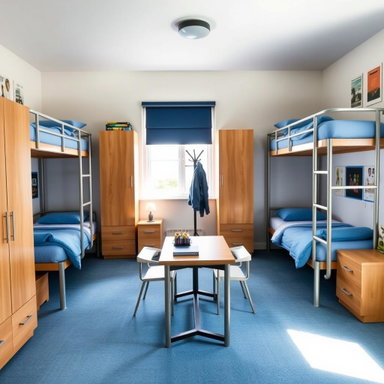 A university dorm room designed for four people, featuring two sets of ...