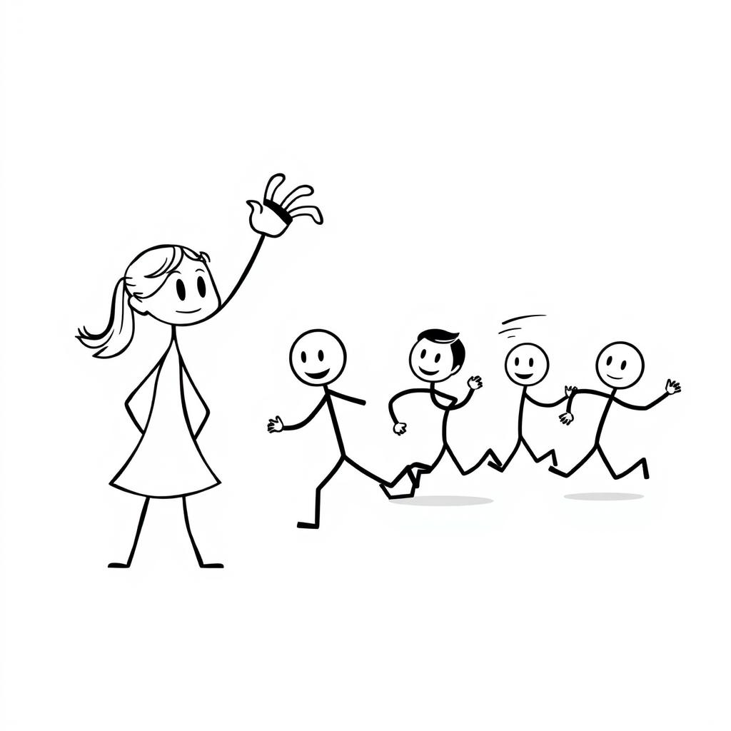 A black and white cartoon featuring five stickmen characters