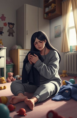 A poignant scene depicting a woman sitting on the floor of her son's room, crying while holding his clothes tightly in her hands