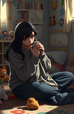 A poignant scene depicting a woman sitting on the floor of her son's room, crying while holding his clothes tightly in her hands