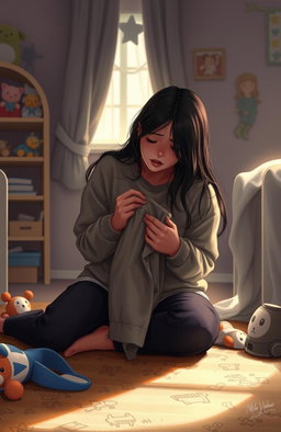 A poignant scene depicting a woman sitting on the floor of her son's room, crying while holding his clothes tightly in her hands