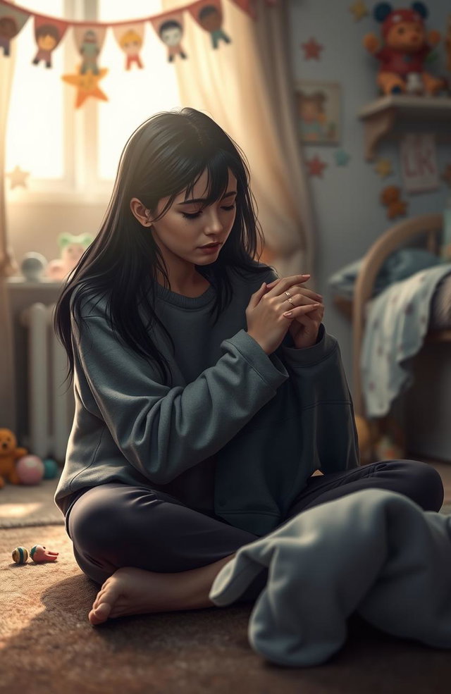 A poignant scene depicting a woman sitting on the floor of her son's room, crying while holding his clothes tightly in her hands