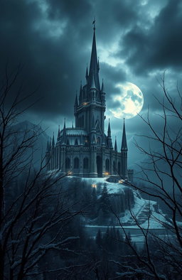 A dark fantasy medieval scene depicting an imposing castle set in a winter kingdom