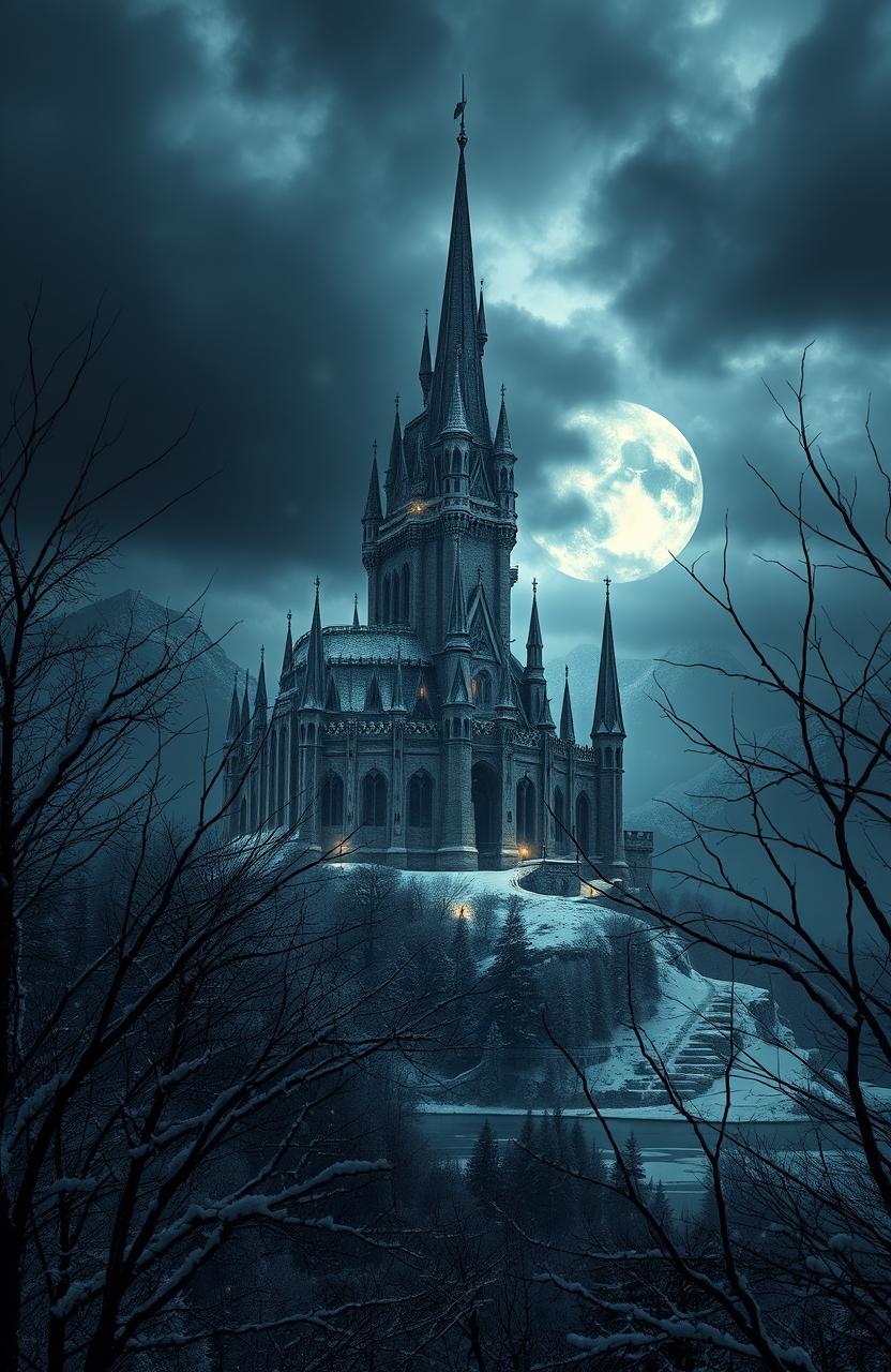 A dark fantasy medieval scene depicting an imposing castle set in a winter kingdom
