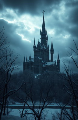 A dark fantasy medieval scene depicting an imposing castle set in a winter kingdom
