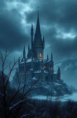 A dark fantasy medieval scene depicting an imposing castle set in a winter kingdom