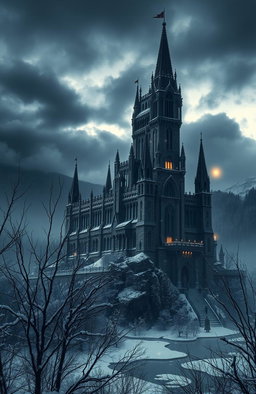 A dark fantasy medieval scene depicting an imposing castle set in a winter kingdom