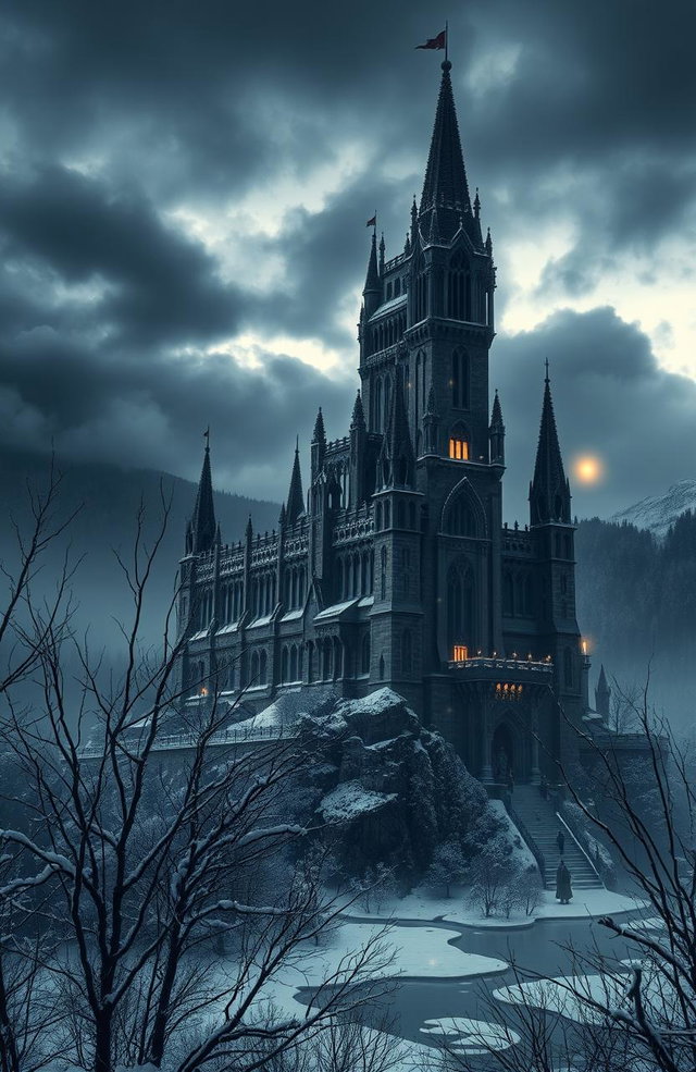 A dark fantasy medieval scene depicting an imposing castle set in a winter kingdom
