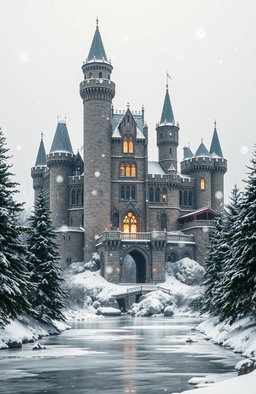 A breathtaking medieval castle towering over a picturesque winter kingdom, surrounded by a snowy landscape
