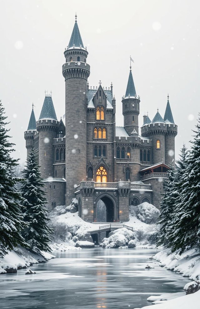 A breathtaking medieval castle towering over a picturesque winter kingdom, surrounded by a snowy landscape