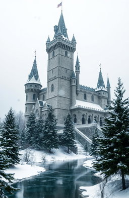 A breathtaking medieval castle towering over a picturesque winter kingdom, surrounded by a snowy landscape