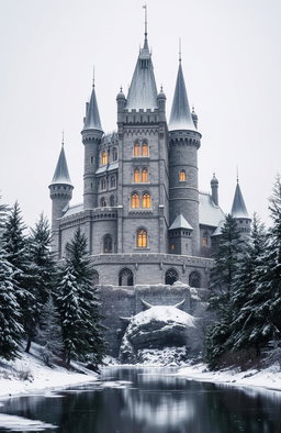 A breathtaking medieval castle towering over a picturesque winter kingdom, surrounded by a snowy landscape