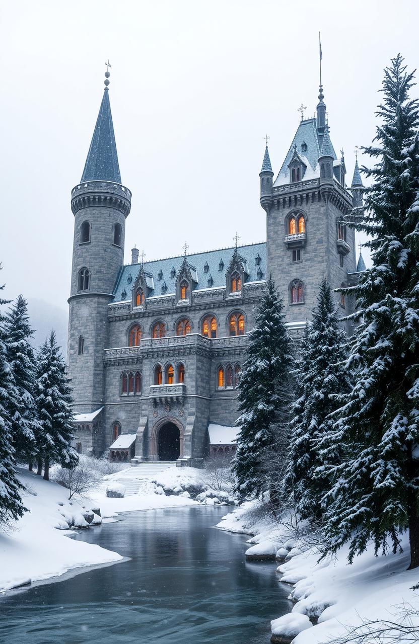 A breathtaking medieval castle towering over a picturesque winter kingdom, surrounded by a snowy landscape