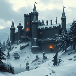 A realistic dark fantasy scene depicting a grand medieval castle situated in a Viking winter kingdom