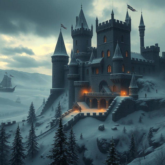 A realistic dark fantasy scene depicting a grand medieval castle situated in a Viking winter kingdom