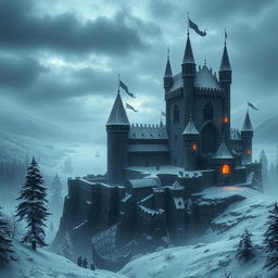 A realistic dark fantasy scene depicting a grand medieval castle situated in a Viking winter kingdom