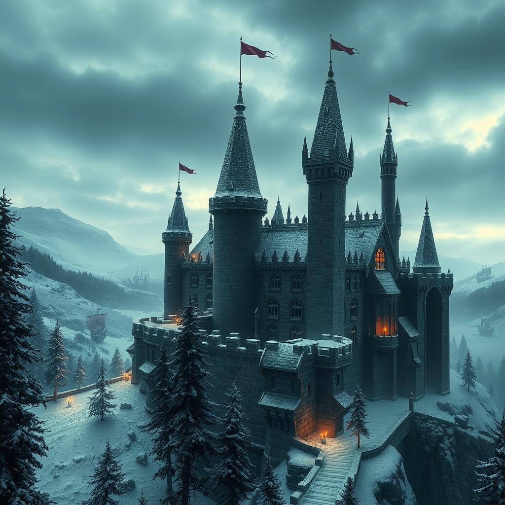 A realistic dark fantasy scene depicting a grand medieval castle situated in a Viking winter kingdom