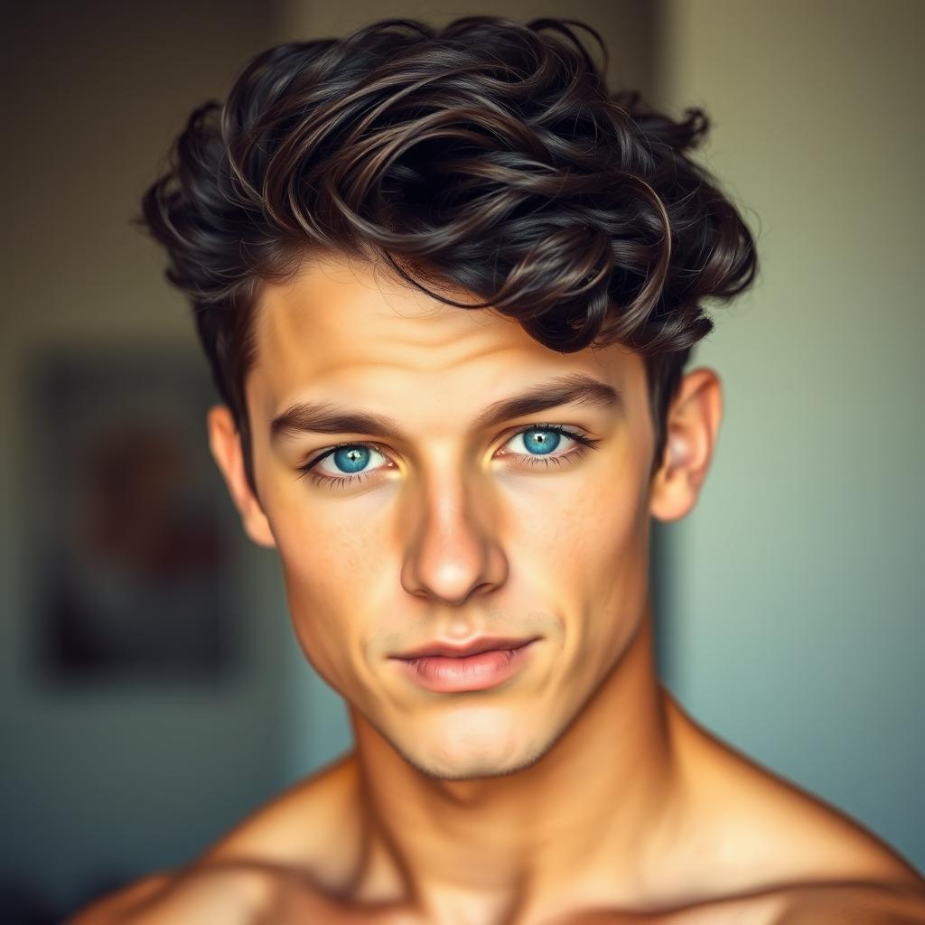 A portrait of an 18-year-old young man with striking blue eyes and curly black hair