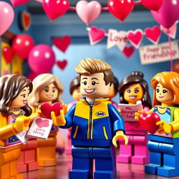A lively scene featuring a young LEGO boy with dark blonde hair styled in an undercut, dressed in a bright blue and yellow tracksuit