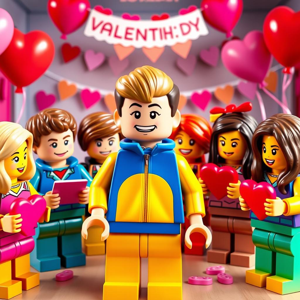A lively scene featuring a young LEGO boy with dark blonde hair styled in an undercut, dressed in a bright blue and yellow tracksuit