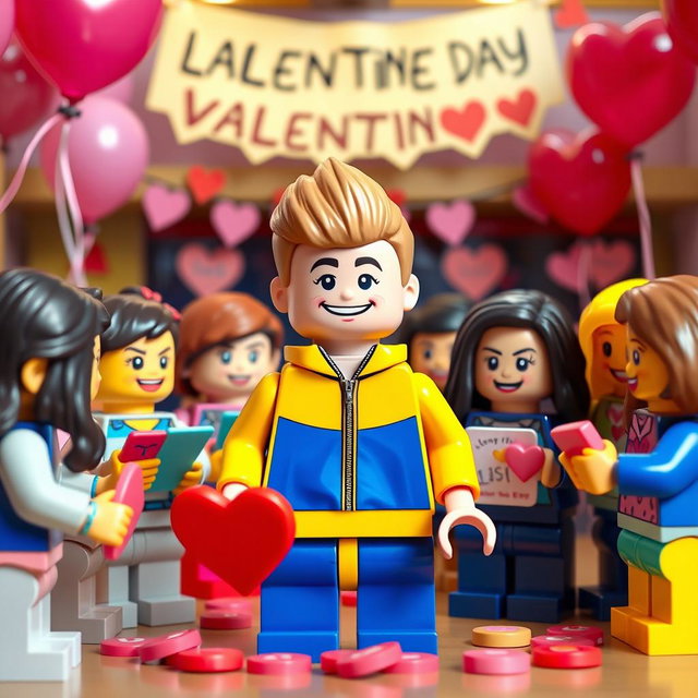 A lively scene featuring a young LEGO boy with dark blonde hair styled in an undercut, dressed in a bright blue and yellow tracksuit