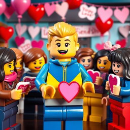 A lively scene featuring a young LEGO boy with dark blonde hair styled in an undercut, dressed in a bright blue and yellow tracksuit