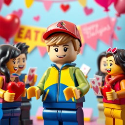 A lively and colorful scene featuring a young LEGO boy with dark blonde hair styled in an undercut, wearing a blue and yellow tracksuit complemented by a Cardinals baseball hat