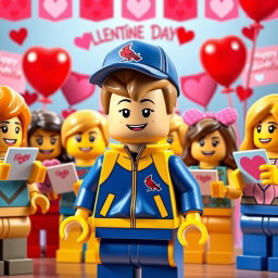 A lively and colorful scene featuring a young LEGO boy with dark blonde hair styled in an undercut, wearing a blue and yellow tracksuit complemented by a Cardinals baseball hat