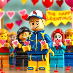 A lively and colorful scene featuring a young LEGO boy with dark blonde hair styled in an undercut, wearing a blue and yellow tracksuit complemented by a Cardinals baseball hat
