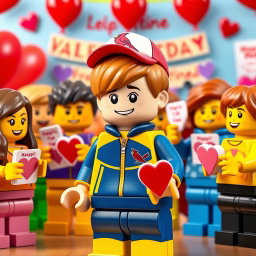 A lively and colorful scene featuring a young LEGO boy with dark blonde hair styled in an undercut, wearing a blue and yellow tracksuit complemented by a Cardinals baseball hat