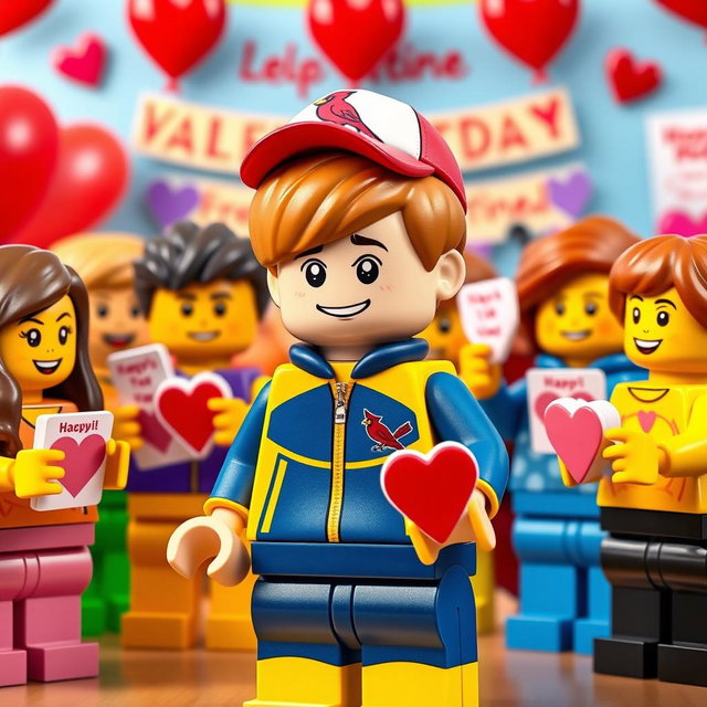 A lively and colorful scene featuring a young LEGO boy with dark blonde hair styled in an undercut, wearing a blue and yellow tracksuit complemented by a Cardinals baseball hat