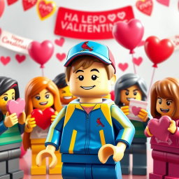 A cheerful scene depicting a young LEGO boy with dark blonde hair styled in an undercut, dressed in a vibrant blue and yellow tracksuit and sporting a Cardinals baseball hat
