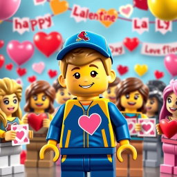 A cheerful scene depicting a young LEGO boy with dark blonde hair styled in an undercut, dressed in a vibrant blue and yellow tracksuit and sporting a Cardinals baseball hat