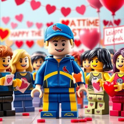 A cheerful scene depicting a young LEGO boy with dark blonde hair styled in an undercut, dressed in a vibrant blue and yellow tracksuit and sporting a Cardinals baseball hat