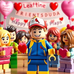 A cheerful scene depicting a young LEGO boy with dark blonde hair styled in an undercut, dressed in a vibrant blue and yellow tracksuit and sporting a Cardinals baseball hat