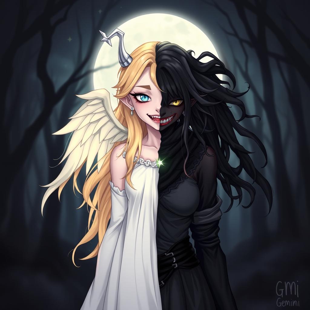A horror-themed female character representing Gemini, illustrated with a duality in personality