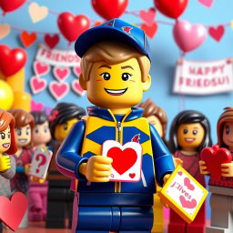A vibrant scene showcasing a young LEGO boy with dark blonde hair styled in an undercut, dressed in a striking blue and yellow tracksuit, adorned with a Cardinals baseball hat