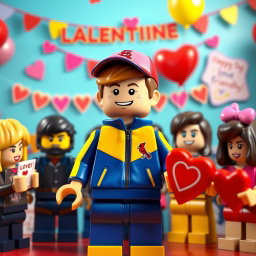 A vibrant scene showcasing a young LEGO boy with dark blonde hair styled in an undercut, dressed in a striking blue and yellow tracksuit, adorned with a Cardinals baseball hat