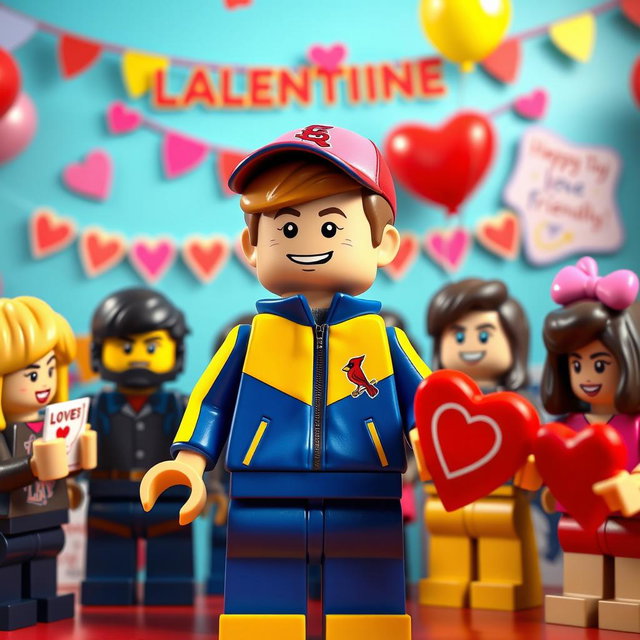 A vibrant scene showcasing a young LEGO boy with dark blonde hair styled in an undercut, dressed in a striking blue and yellow tracksuit, adorned with a Cardinals baseball hat