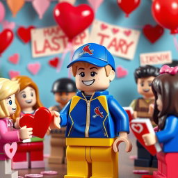 A vibrant scene showcasing a young LEGO boy with dark blonde hair styled in an undercut, dressed in a striking blue and yellow tracksuit, adorned with a Cardinals baseball hat